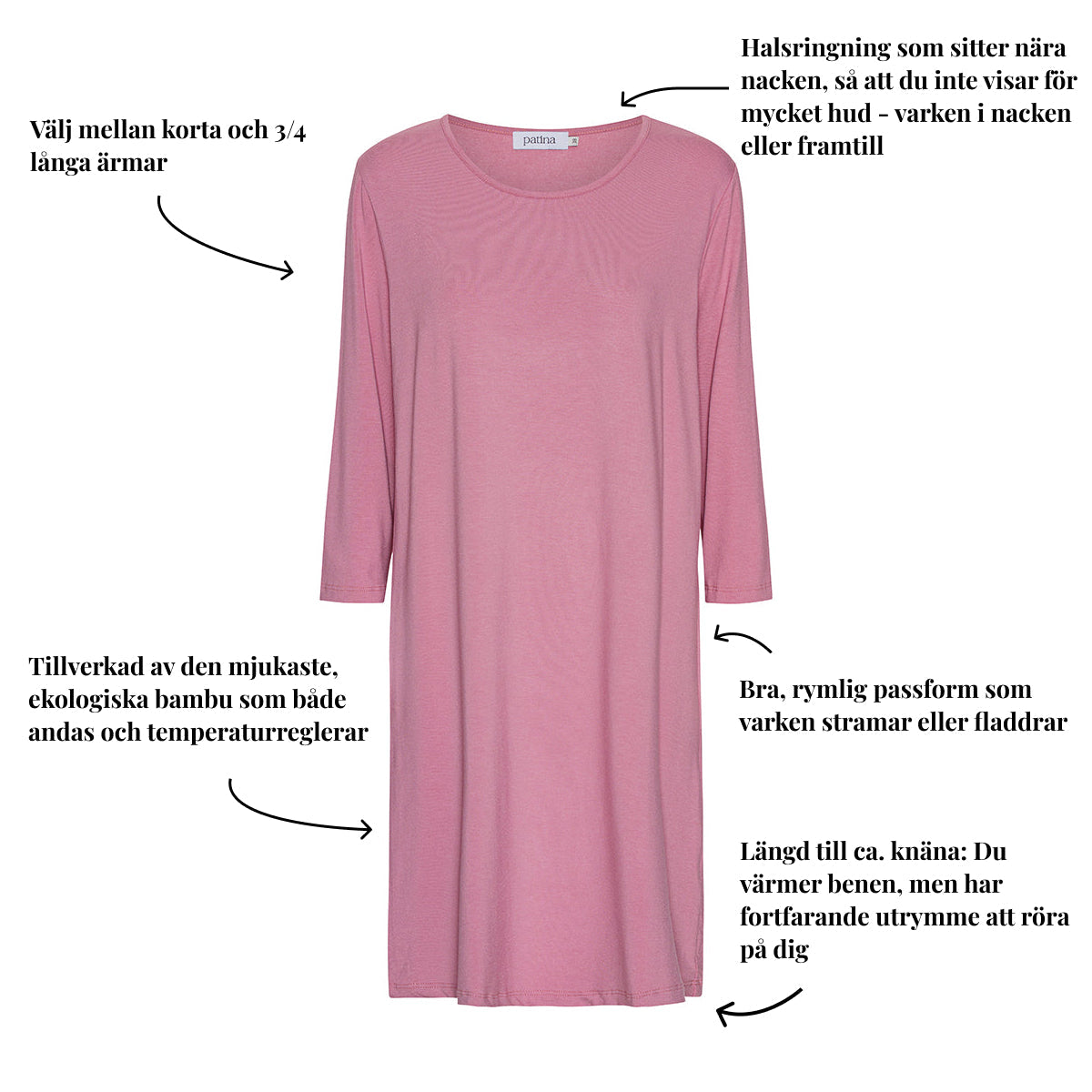 Tatina modell Luna nattlinne - Kort eller trekvarts ärm - Ekologisk bambu