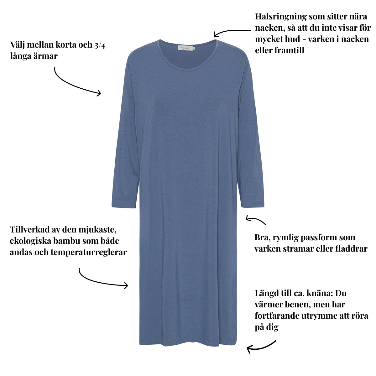 Tatina modell Luna nattlinne - Kort eller trekvarts ärm - Ekologisk bambu