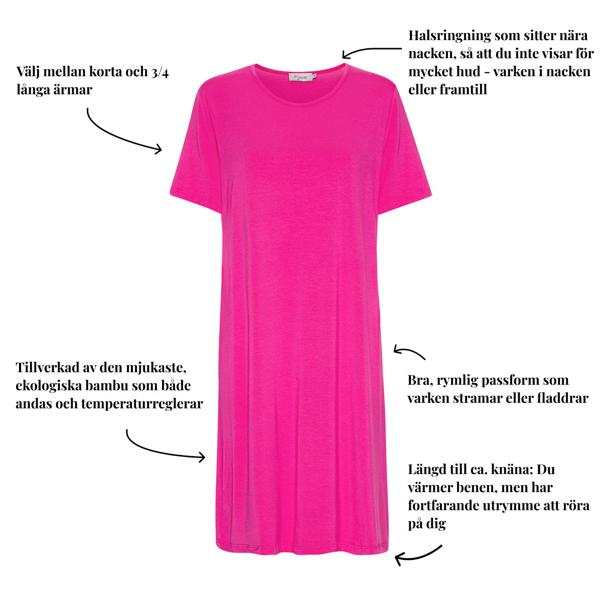 Tatina modell Luna nattlinne - Kort eller trekvarts ärm - Ekologisk bambu