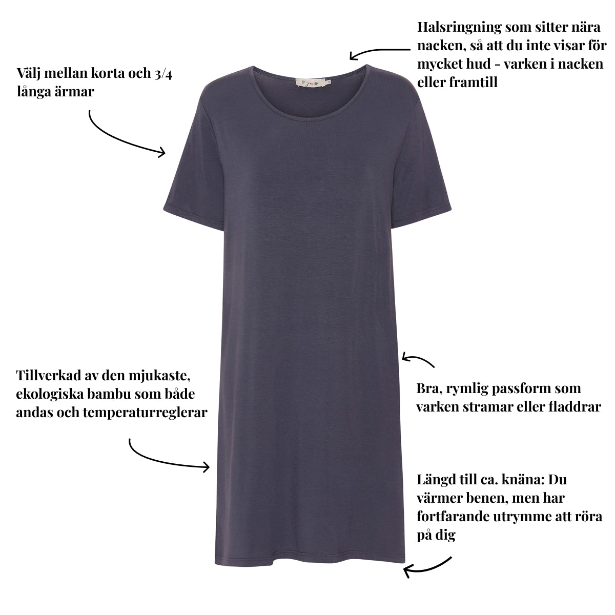 Tatina modell Luna nattlinne - Kort eller trekvarts ärm - Ekologisk bambu