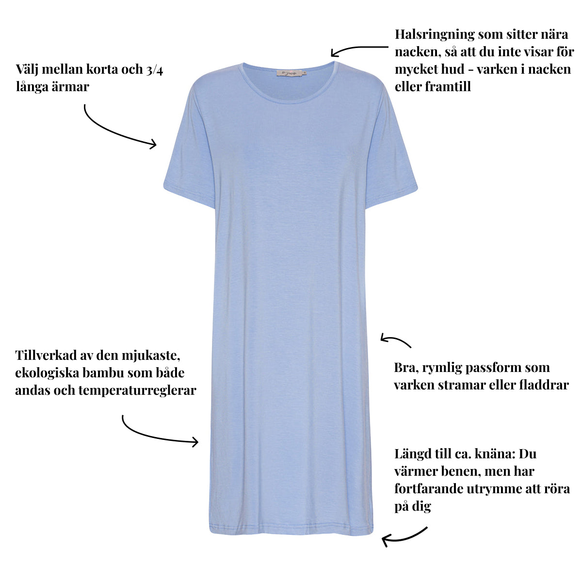 Tatina modell Luna nattlinne - Kort eller trekvarts ärm - Ekologisk bambu